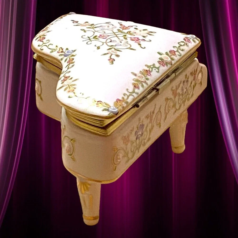 Vintage Piano Trinket Box Jewelry Japan Raised Embellished Floral Gold Trim